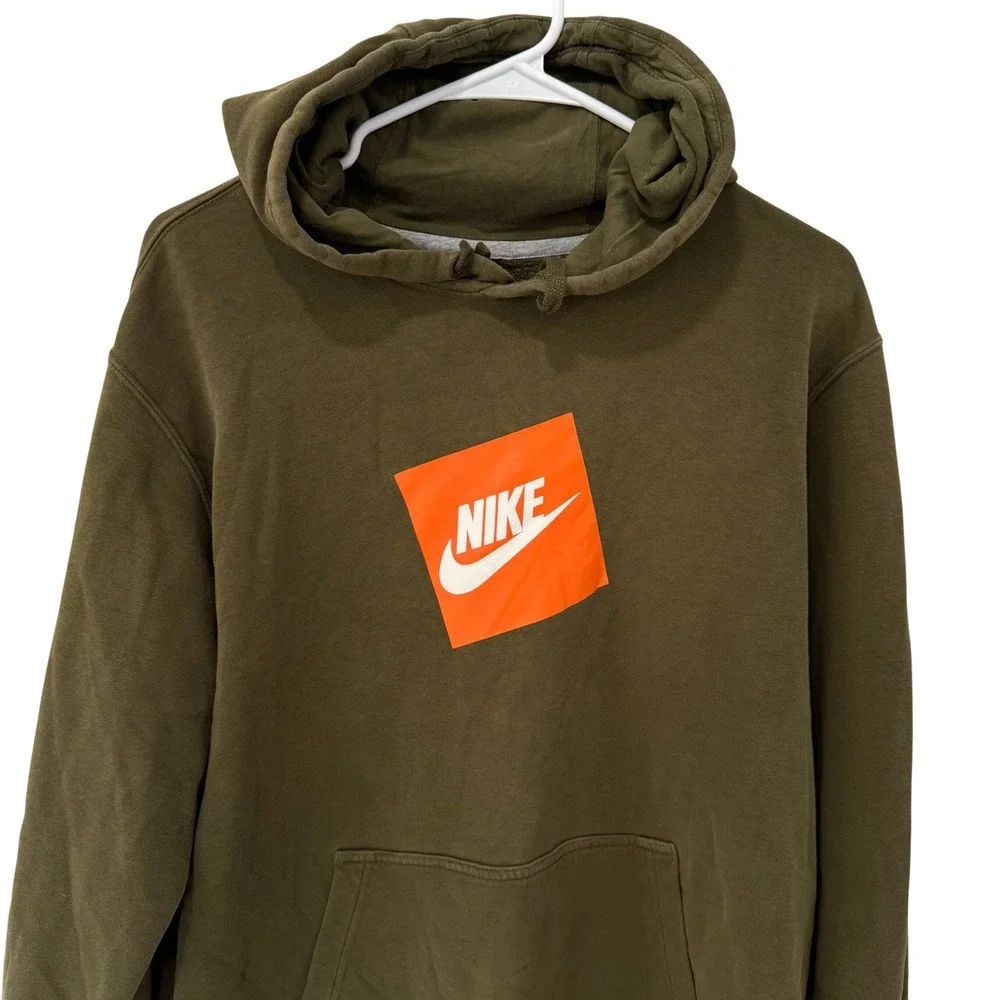 Nike Hoodie Mens Large Olive Green Orange Box Logo Pullover Gorpcore Streetwear